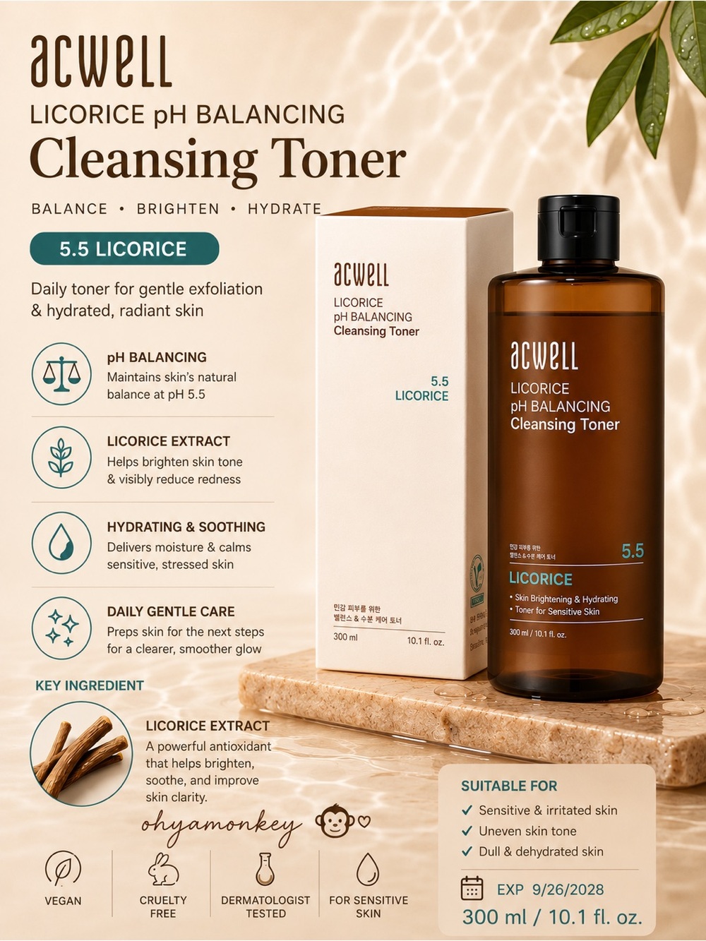 Acwell Licorice pH Balancing Cleansing Toner 300 ml EXP: 09/2028